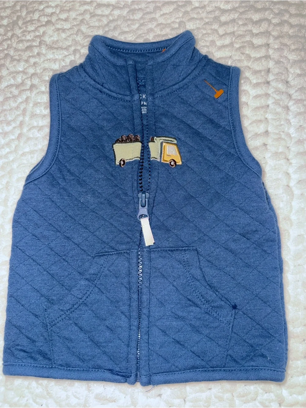 chick pea Navy Quilted Sleeveless Vest with Yellow Truck Patch